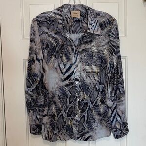 Elie Tahari Snake Reptile Zebra Print Button Down Top Blouse Blue Size Medium
